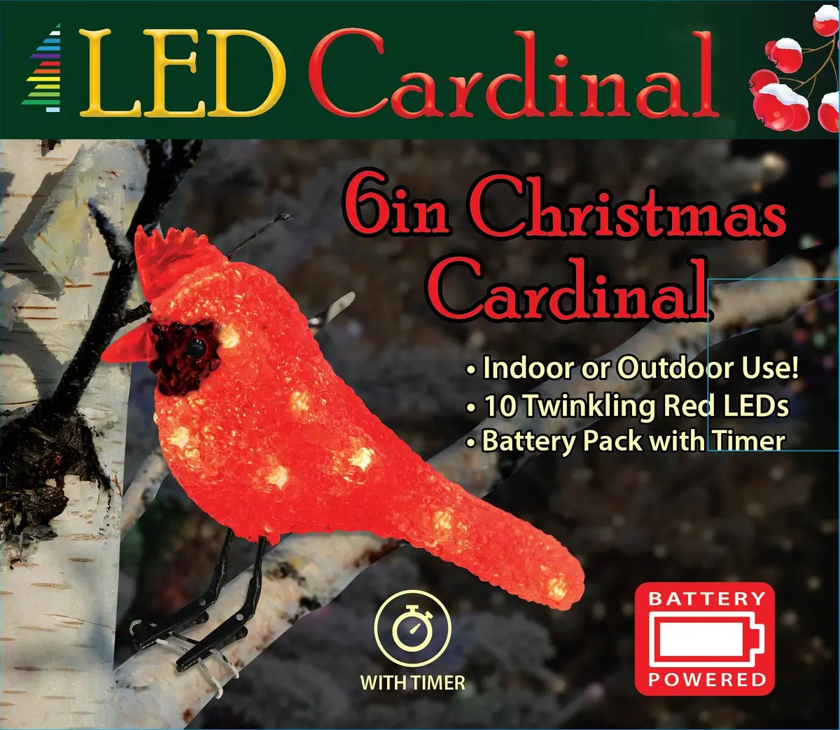 6" Battery-Operated Led Cardinal Decoration With Clipped Feet 1