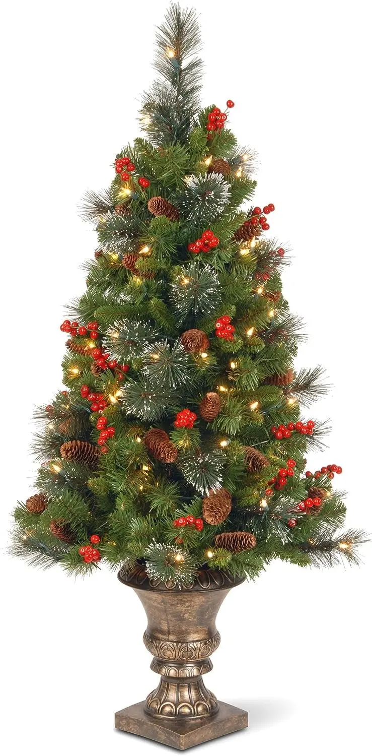 4' Classic Spruce Entrance Tree With Cones, Glitter, Red Berries, Silver Bristle And 100 Clear Lights In Decorative Urn 1