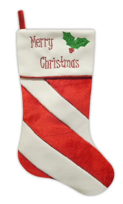 20.5" Red And White Striped Velvet Christmas Stocking With Holly Leaf Embroidery 1