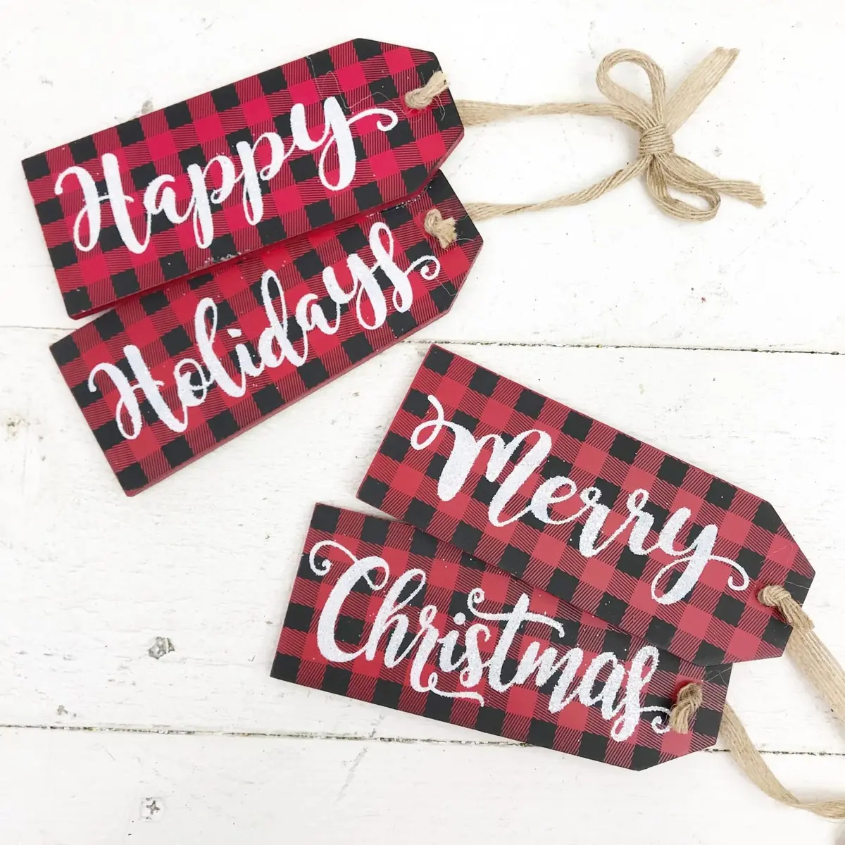 6.5" Wooden Red/Black Buffalo Check Christmas Door Hanger Ornament 1