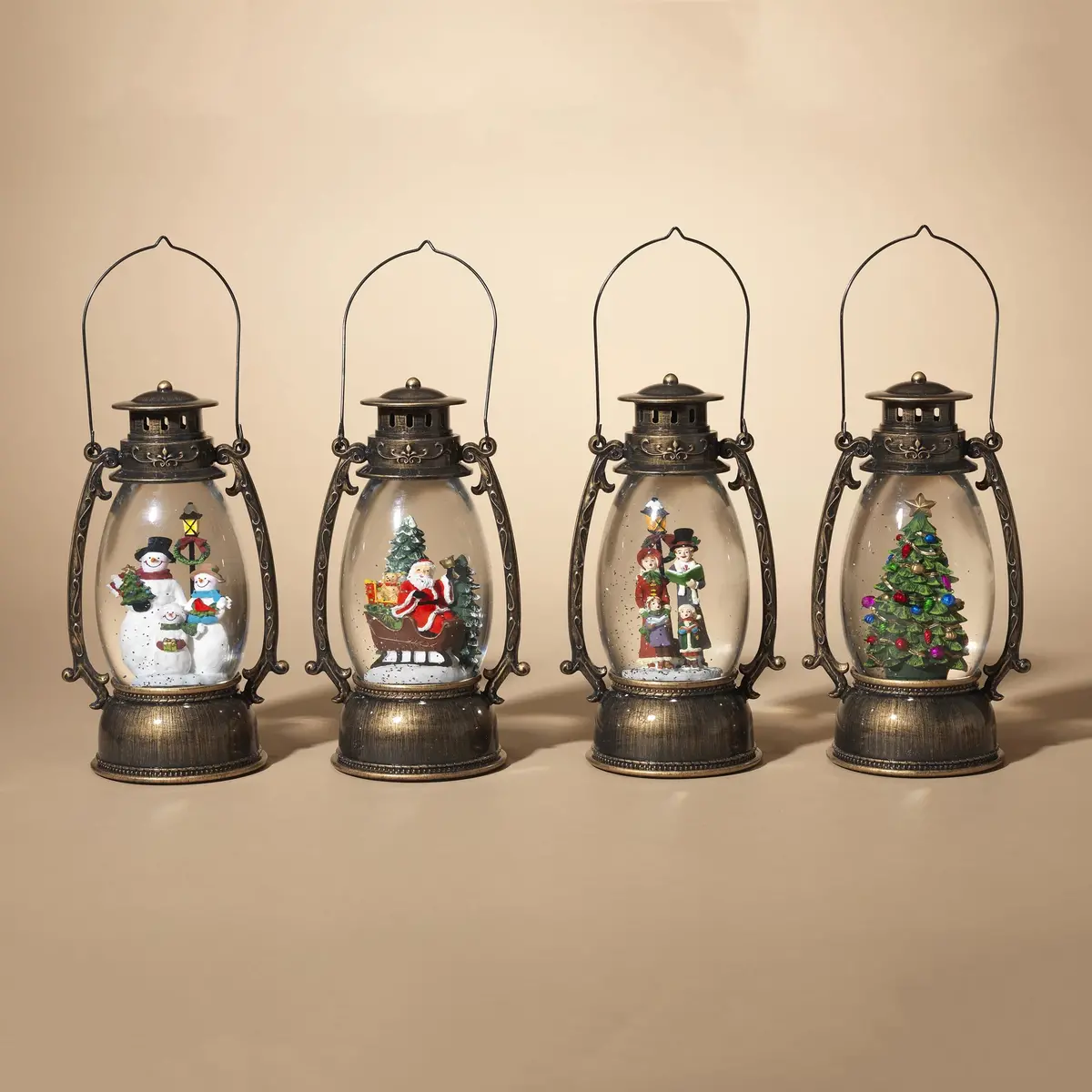 9.5" Battery-Operated Antique Bronze Spinning Water Globe Lantern With Holiday Scene 1