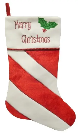 20.5" Red And White Striped Velvet Christmas Stocking With Holly Leaf Embroidery 2