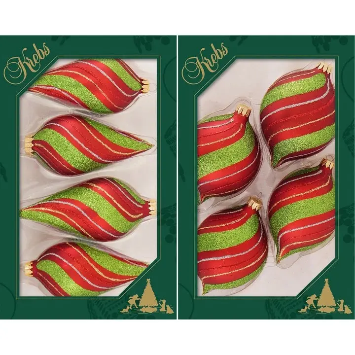 Pack Of 4 Red Velvet/Lime Green Candy Glitter Tree Ornaments 1