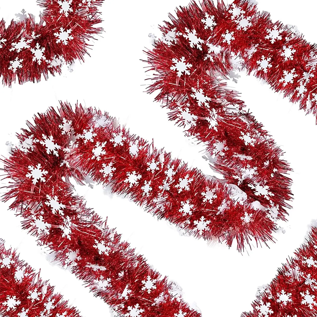 10' Shiny Red Tinsel Garland With White Snowflakes 1