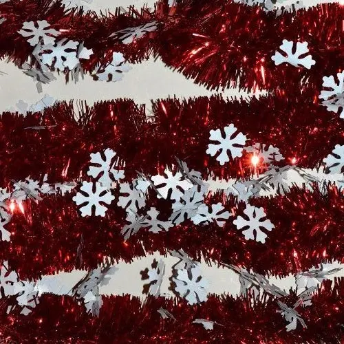 10' Shiny Red Tinsel Garland With White Snowflakes 2