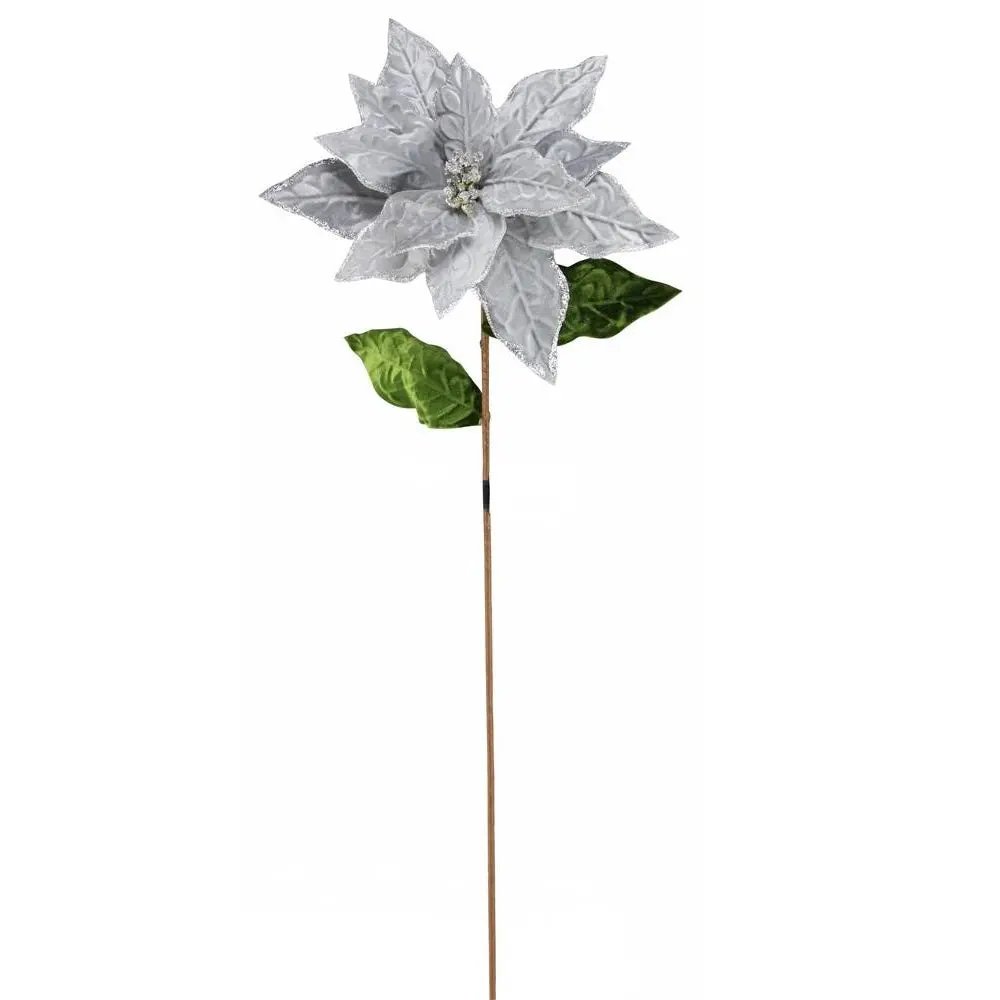 30" Silver Velvet Glitter Poinsettia Floral Pick Stem 1