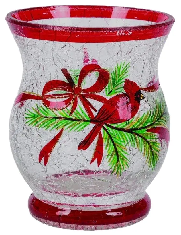 3.5" Hand-Painted Cardinal Crackle Glass Candle Holder 1