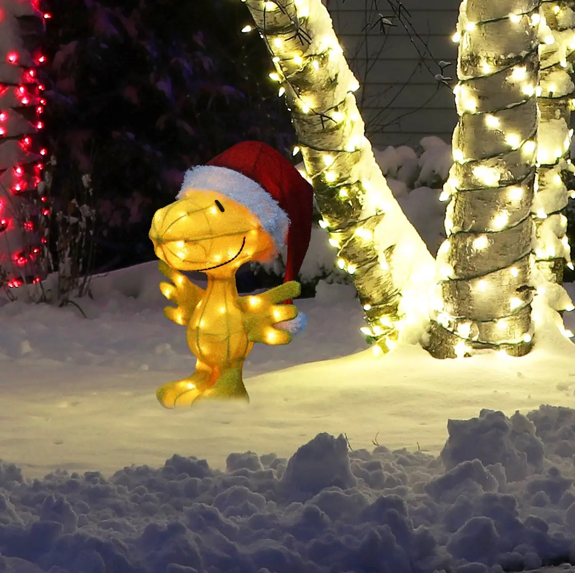 3D Lighted Woodstock In Santa Hat Sculpture 1