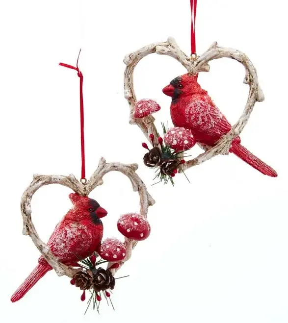 3.54" Cardinal Birds In Heart Frame Ornament 1