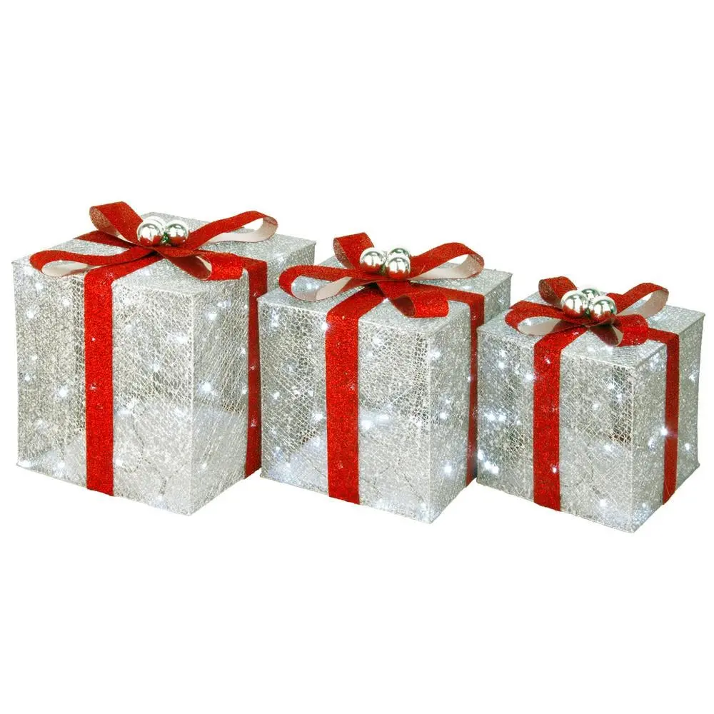 Set Of 3 Pre-Lit Crystal Champagne Gift Box Sculptures 1