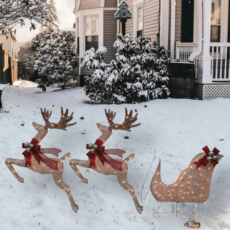 3-Piece Pre-Lit Reindeer & Sleigh Glitter Mesh Yard Art 1