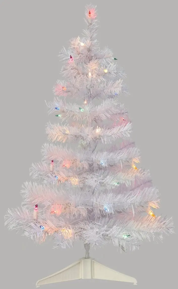 36" White Mini Artificial Foyer Tree With Stand And Pre-Lit With Multi-Colored Lights 2