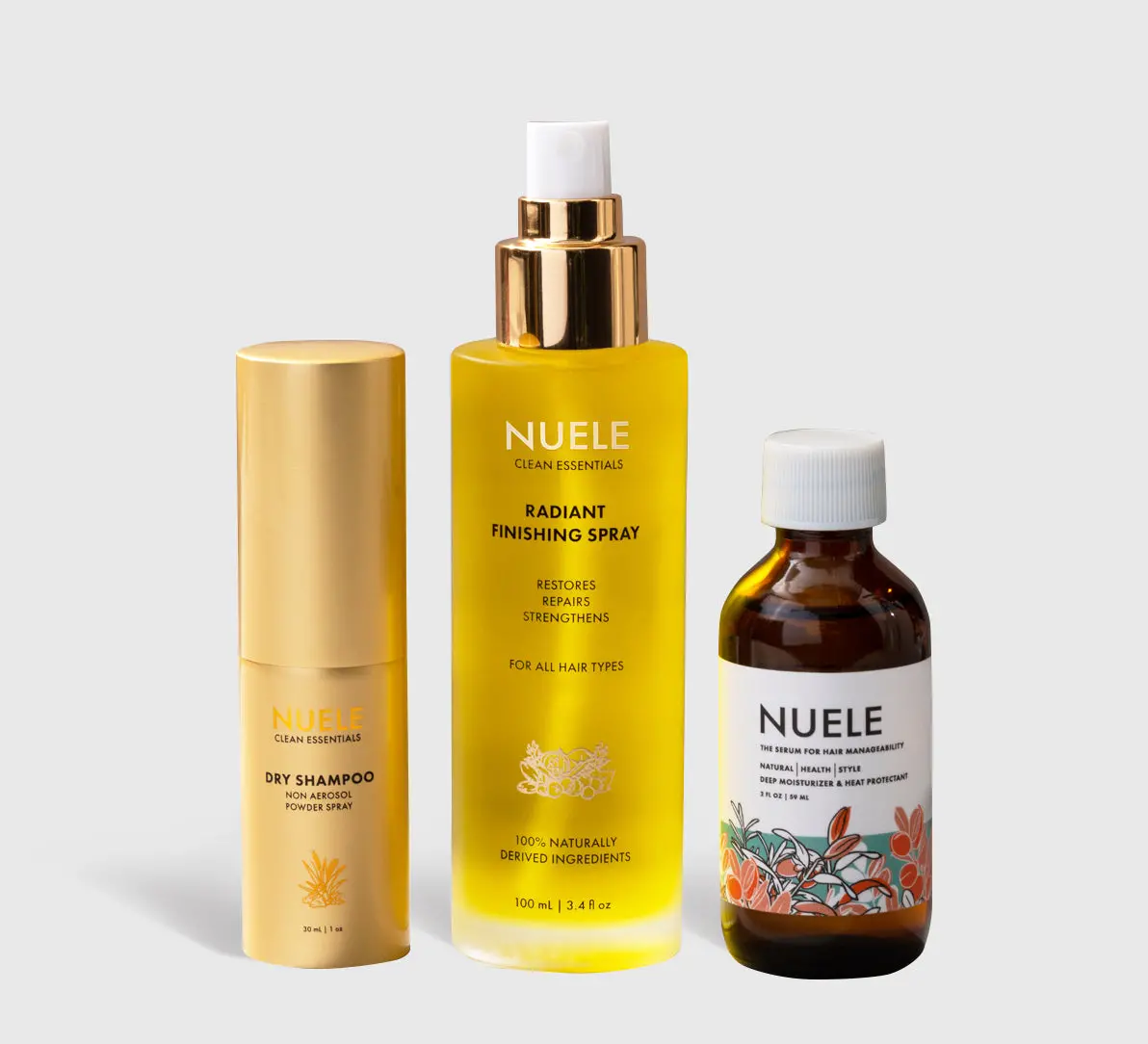 Nuele Dry Shampoo, Radiant Finishing Spray, Hair Serum 1
