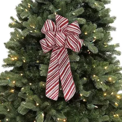 8" X 17" White Satin 6-Loop Christmas Bow With Red Glitter Candy Cane Stripes 1