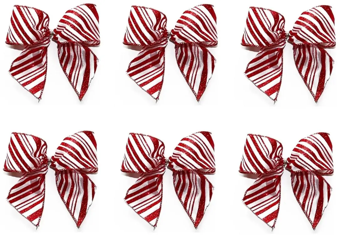 6 Pack Of 2-Loop White Satin Bows With Red Glitter Candy Cane Stripes 1