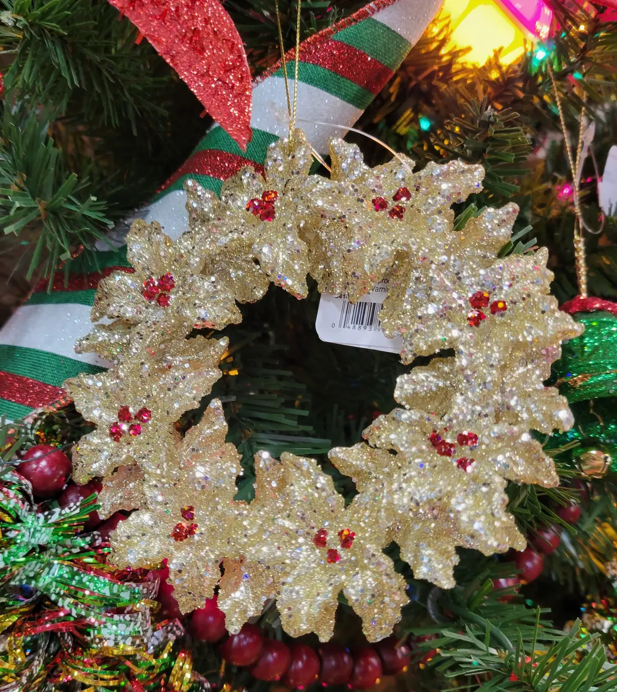 5" Vintage Gold Glitter Holly Wreath Ornament 1