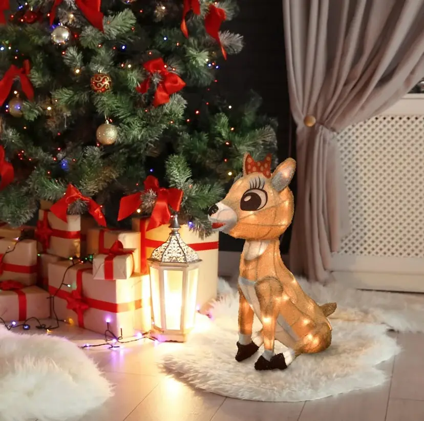 3D Lighted Soft Tinsel Clarice Reindeer With Bow Sculpture 1