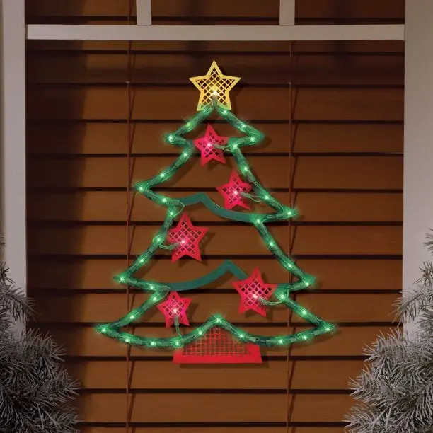 Lighted Christmas Tree With Stars Window Silhouette 1