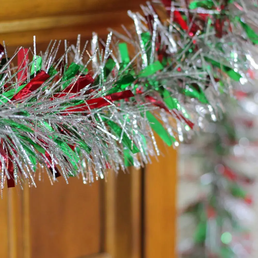 15' Fancy Laser Red, Green & Silver Metallic Tinsel Garland 1