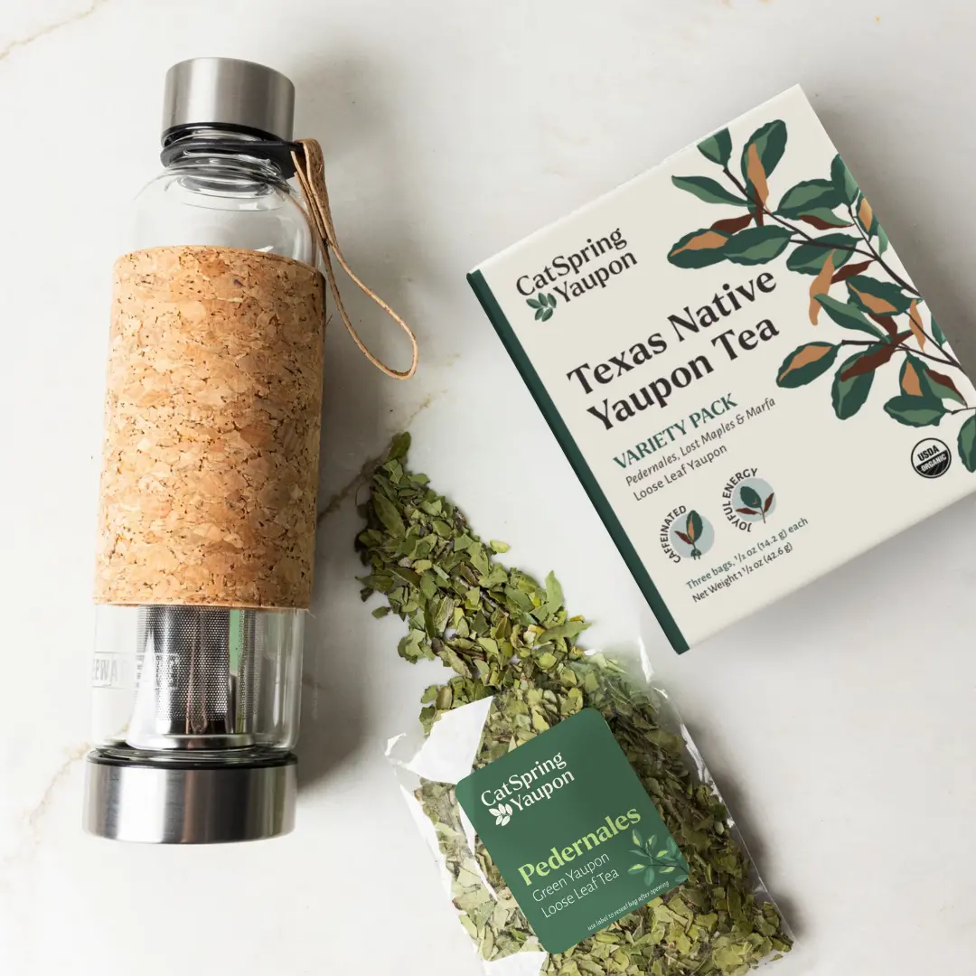 Catspring Yaupon Loose Leaf Yaupon Tea Starter Kit – 3 Roasts + Glass Tumbler 1