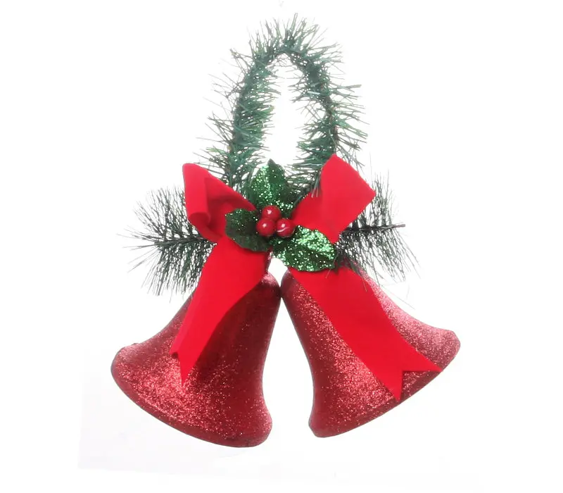 100Mm Red Glitter Bell Ornament With Pine Handle 2