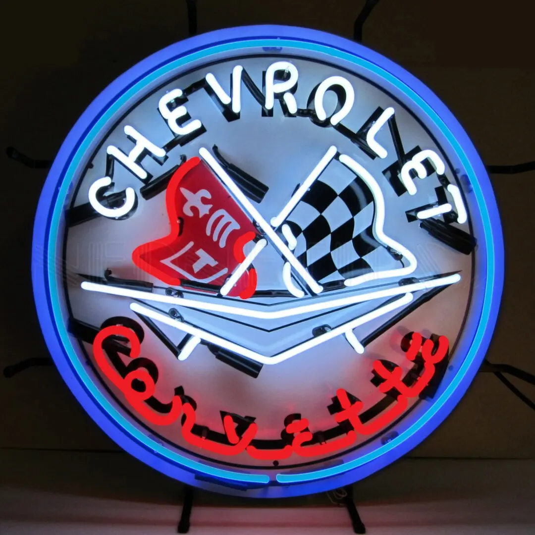 Neonetics Gm Corvette Flags Neon Sign With Blue Outer Ring 1