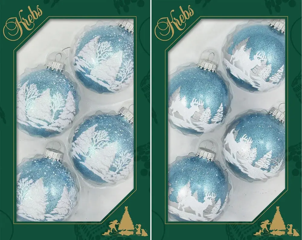 Set Of 4 Light Blue Sparkle Deer Scene Ornaments 1