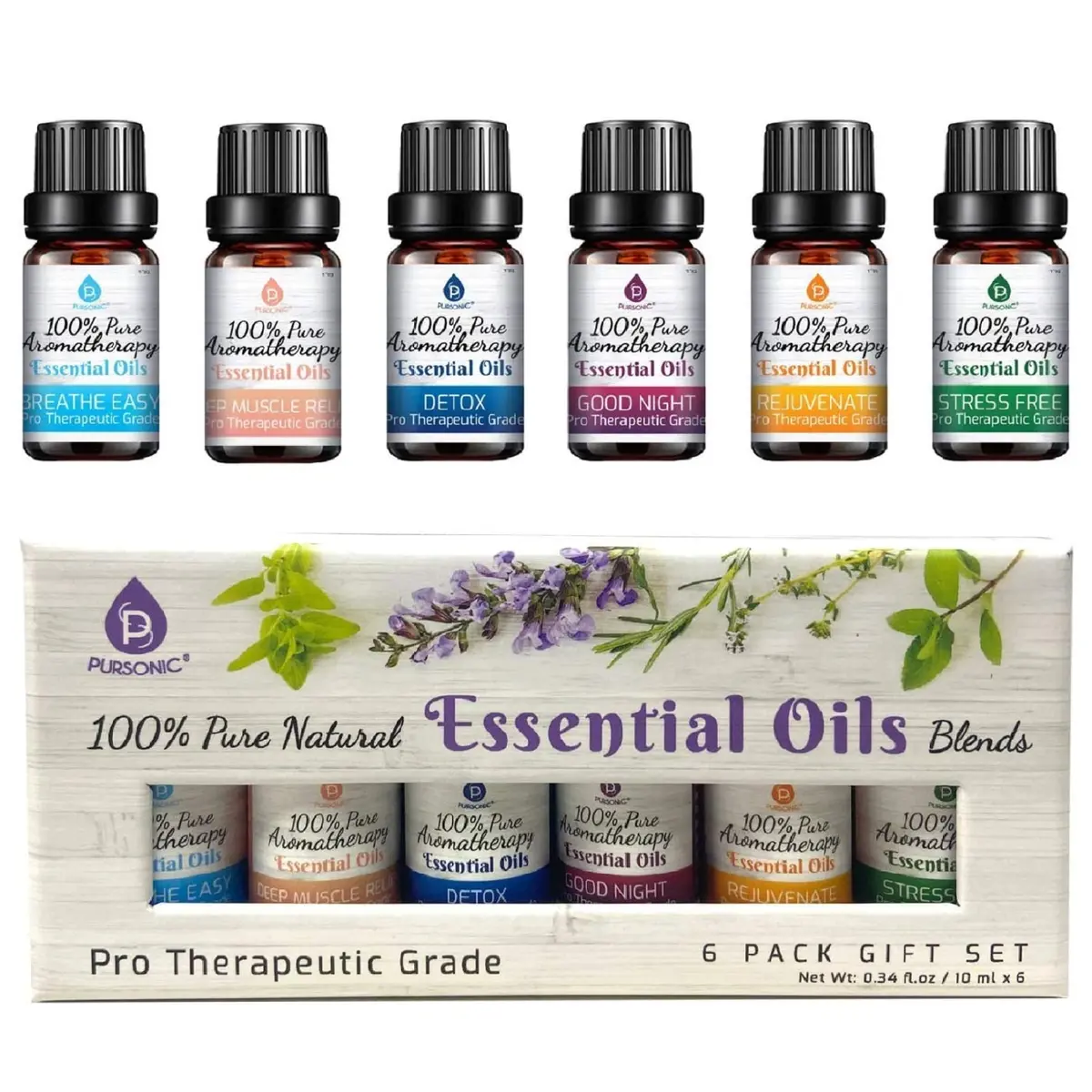 Pursonic 6 Pack Of 100% Pure Essential Aromatherapy Oils Blends 1