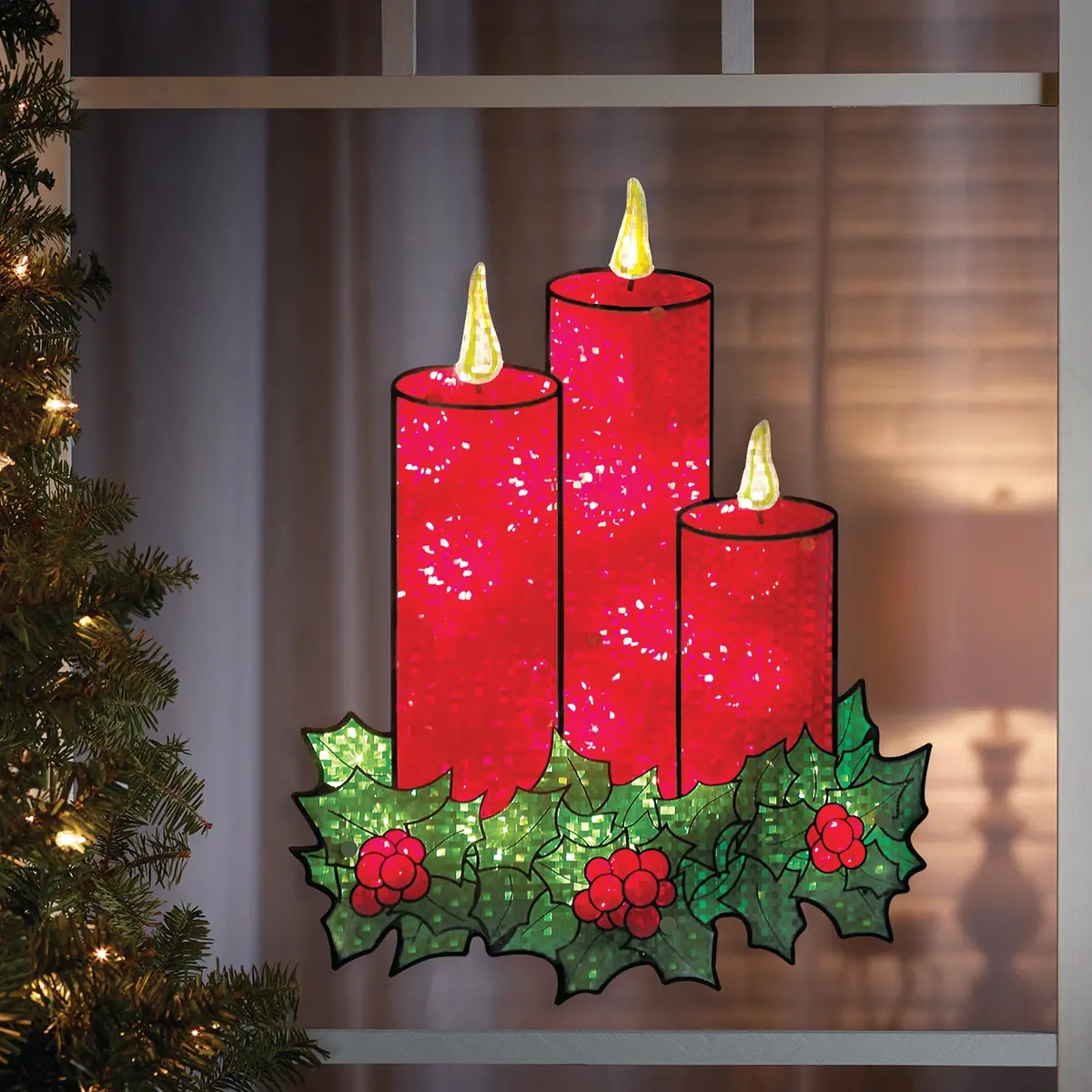 16" Lighted Holographic Candles And Holly Christmas Window Silhouette Decoration 1