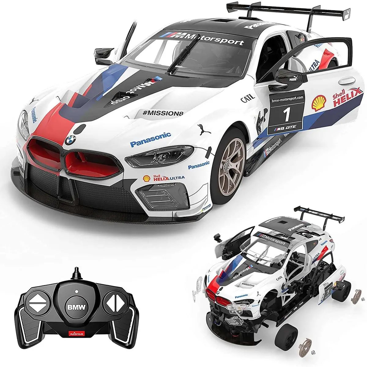 Bmw M8 Gte 1/18 Scale Diy Building Rc Car Kit Licensed With Remote Control And Customization Stickers By Rastar, 74Pcs 1