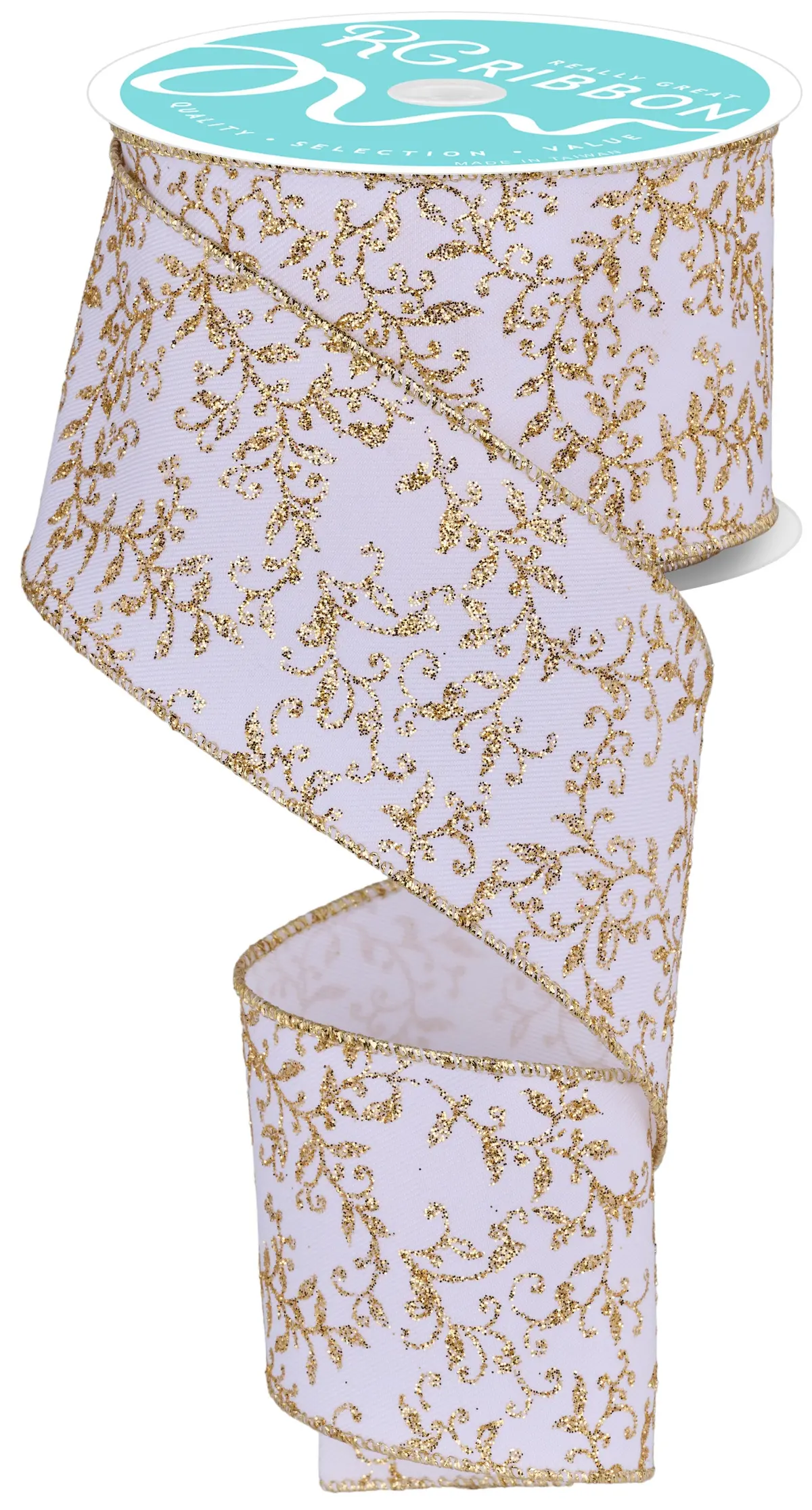 10 Yards Of White Polyester Ribbon With A Gold Glitter Mini Leaf Vine Design 1