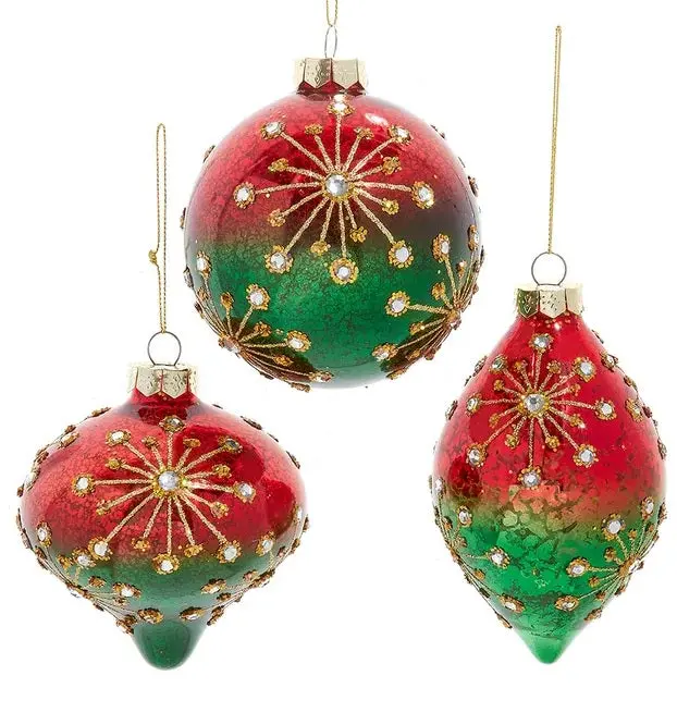 100Mm Red, Green & Gold Glass Ornament 1