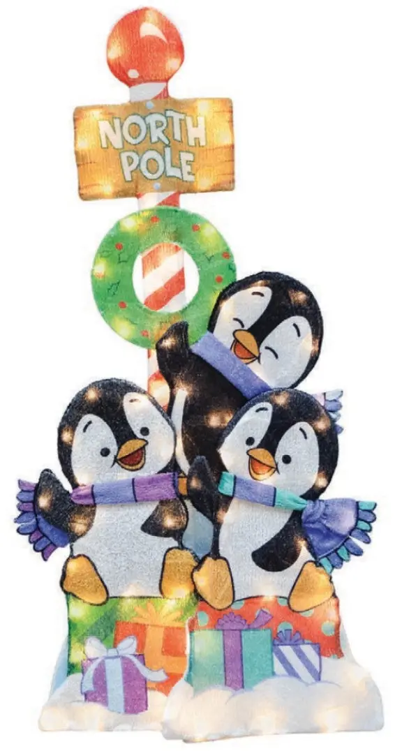 36" Playful Penguins With North Pole Sign Lighted Outdoor Decoration 1