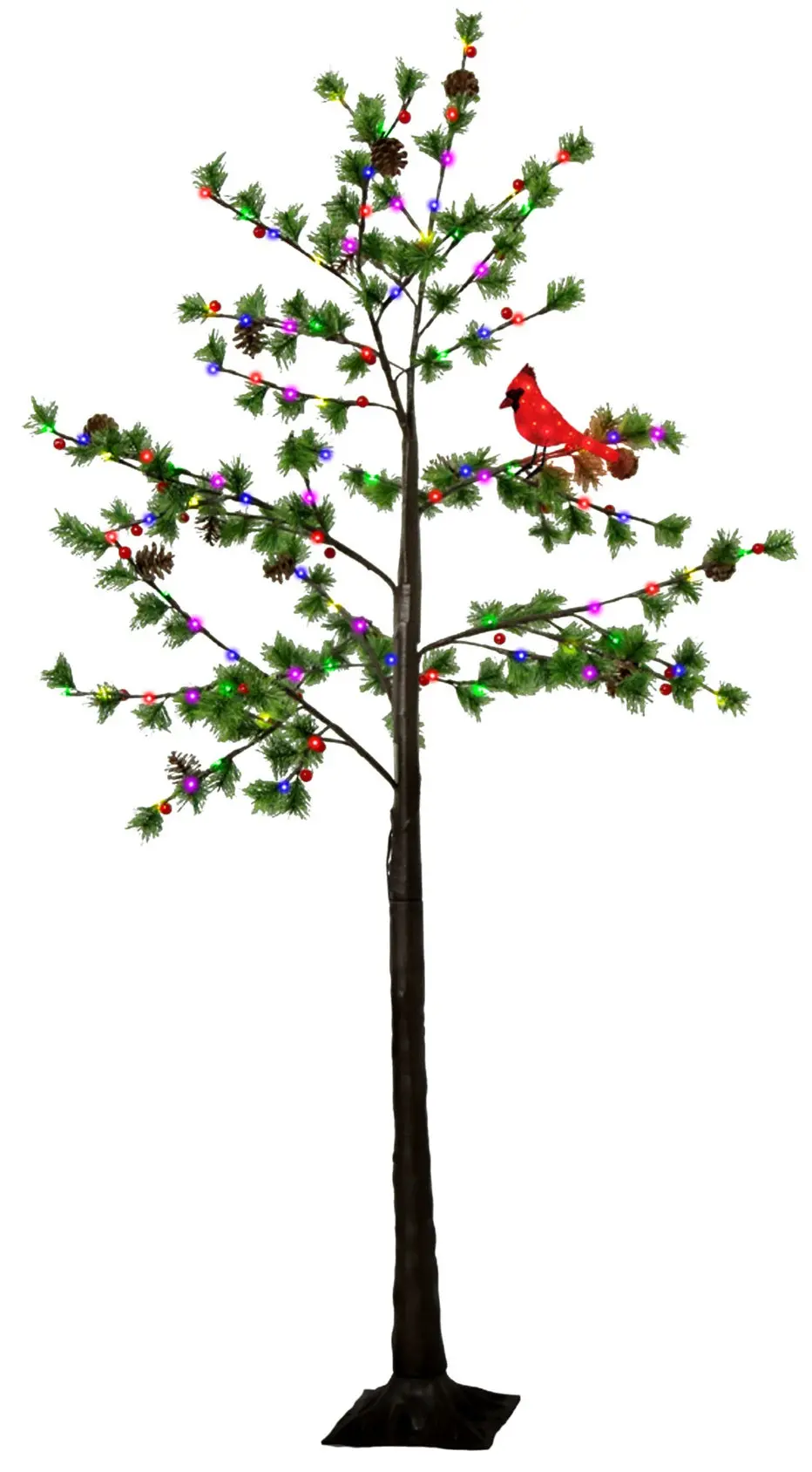 6' Multi-Colored Led Austrian Pine Tree With Pe Berries, Pine Cones And Red Cardinal 2