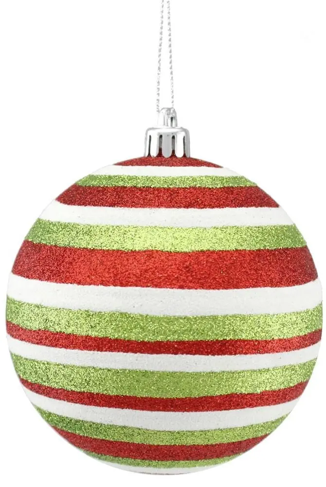 100Mm Red, Lime Green & White Horizontal Stripe Glitter Ball Ornament 1
