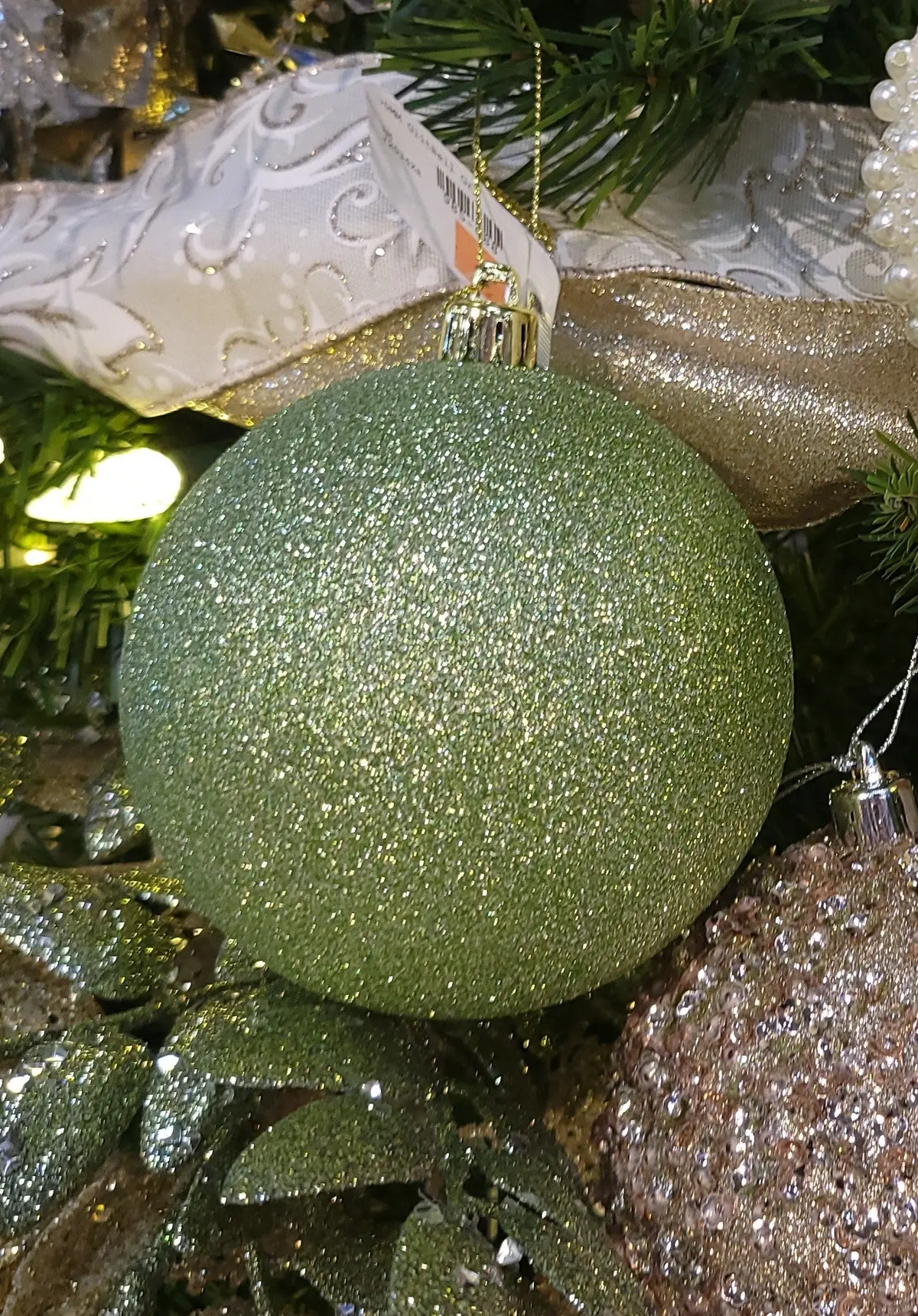 100Mm Sage Green Glitter Ball Ornament 2