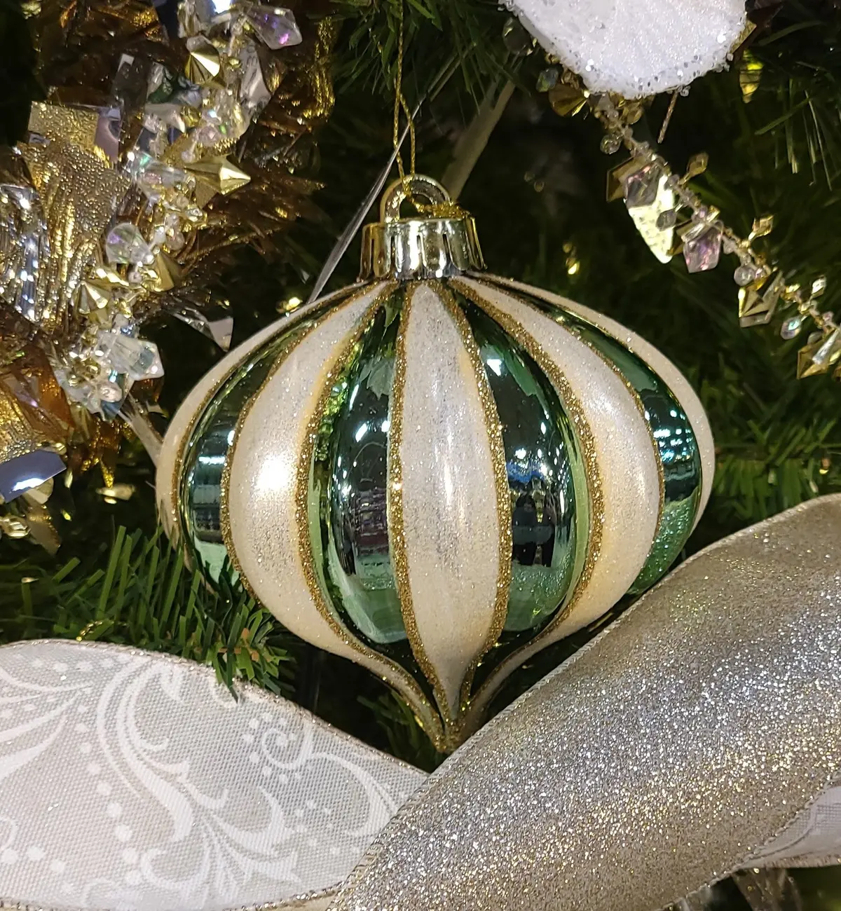 120Mm Sage Green, Cream & Gold Striped Onion Ornament 2