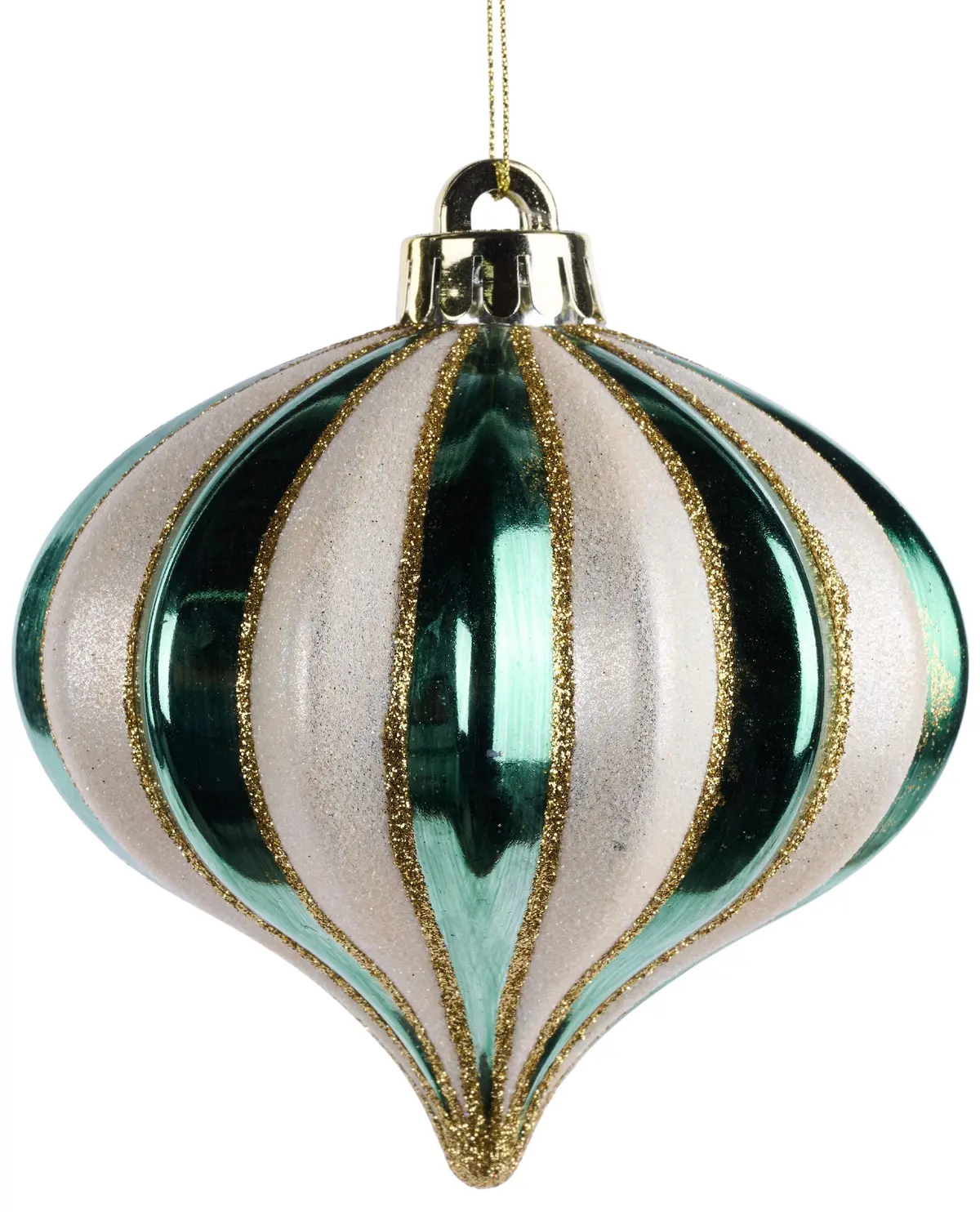 120Mm Sage Green, Cream & Gold Striped Onion Ornament 1