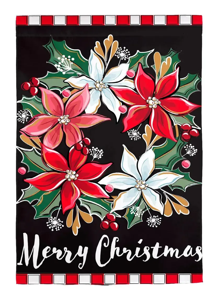 Poinsettia Wreath Applique Garden Flag 1