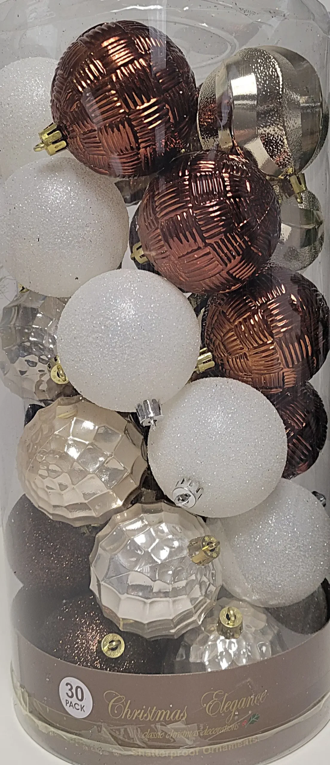 Pack Of 30 Unbreakable 70Mm Christmas Ornaments (Brown/White/Gold) 1