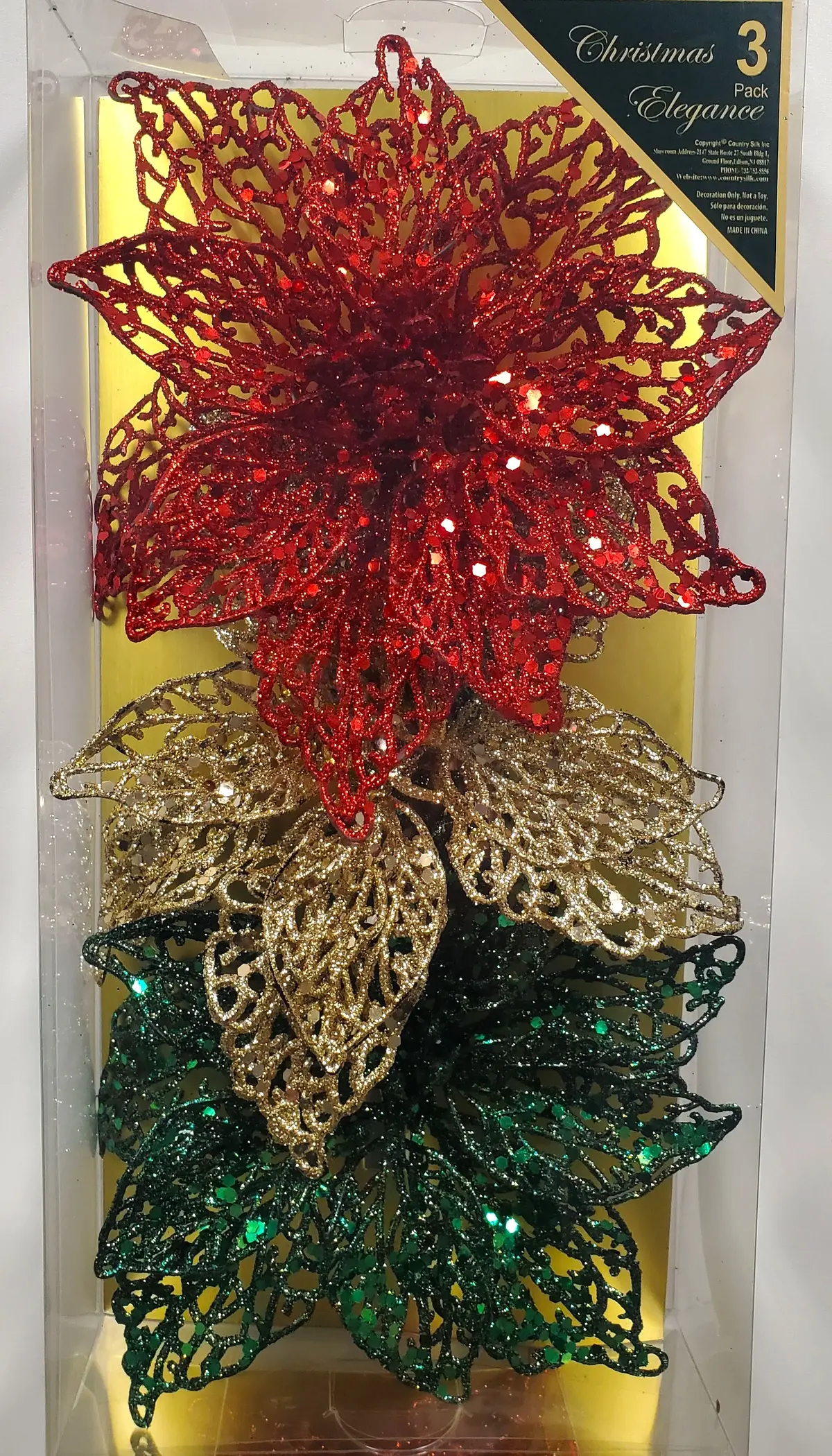 Glittered Poinsettia Clip-On Ornaments (3-Pack) 1