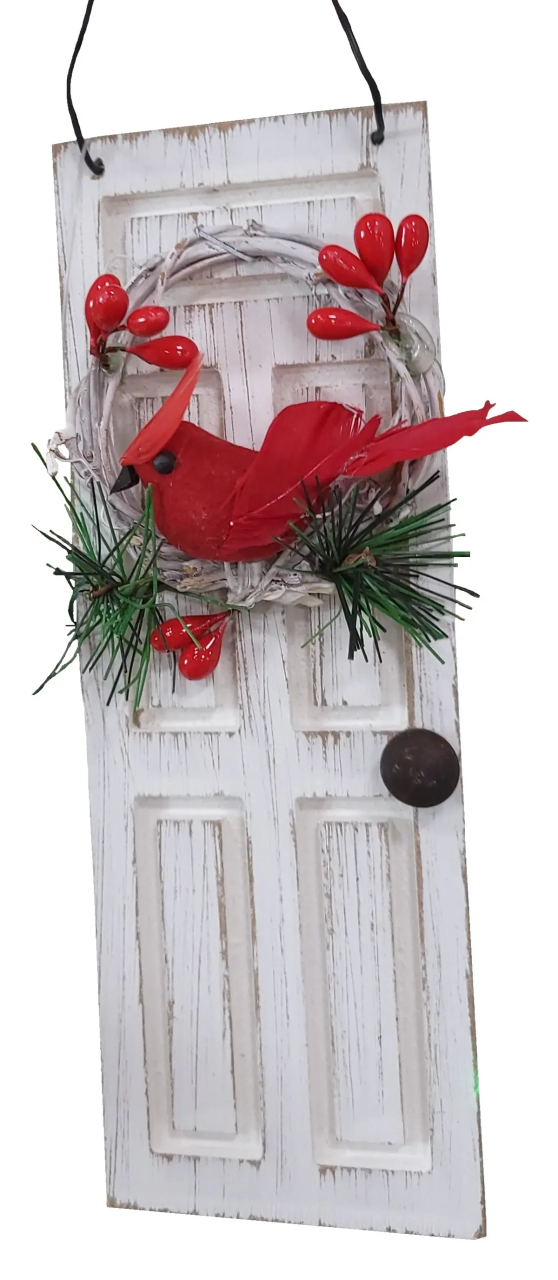 7" Rustic White Door With Cardinal Wreath Ornament 1