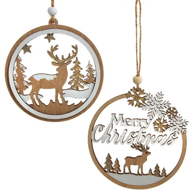 4.5" Wooden Round Glittered Christmas Scene Ornament 1