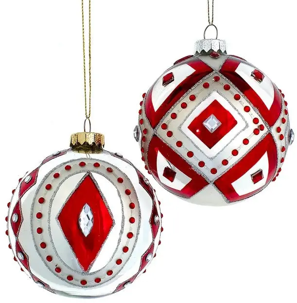 100Mm Glass Red & Silver Ball Ornament With Gemstones 1