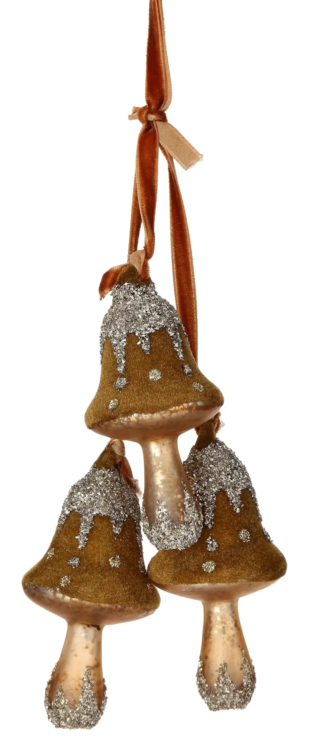 6.5" Aged Moss Brown Glittered Triple Glass Mushroom Ornament 1