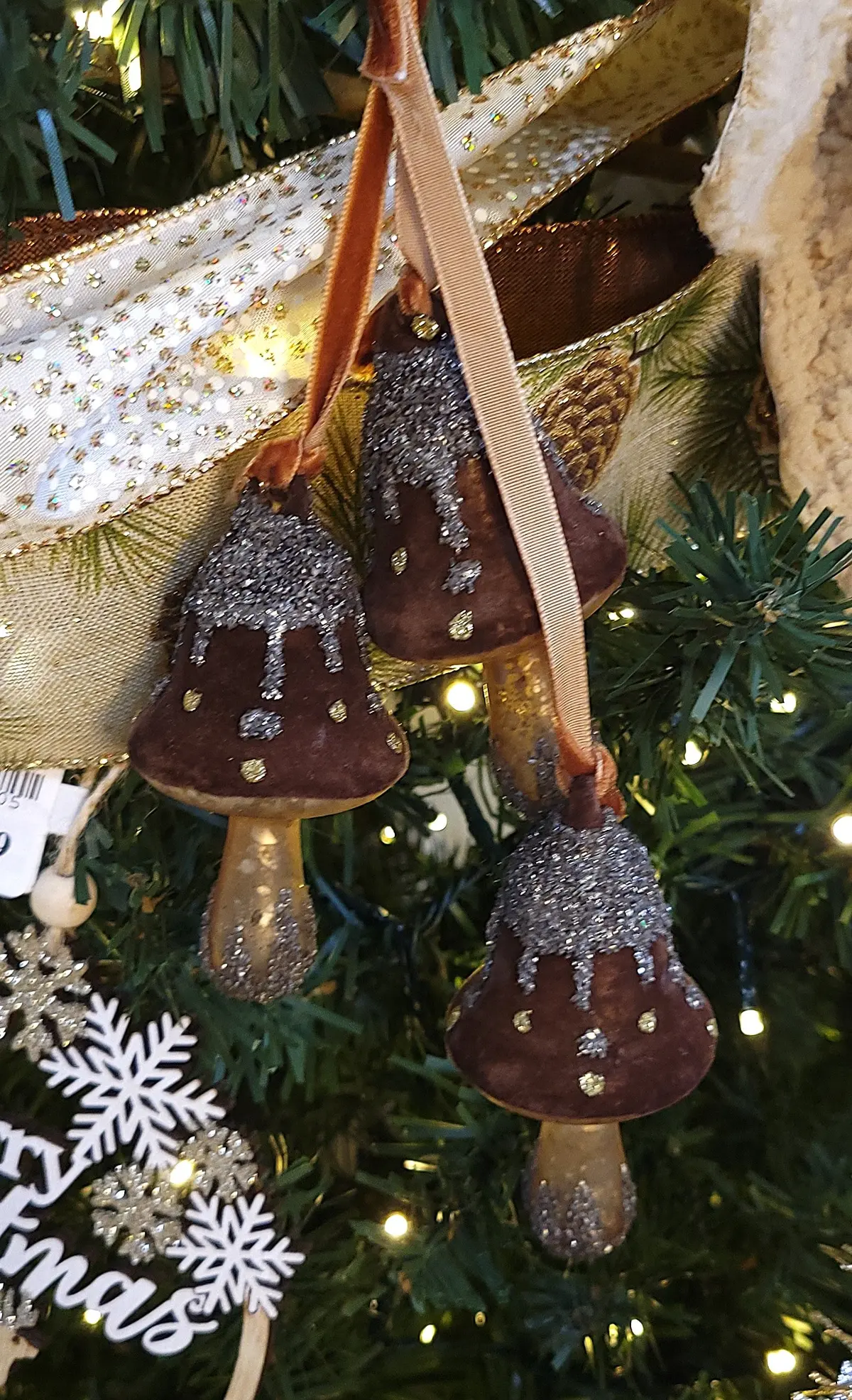 6.5" Acorn Brown Glittered Triple Glass Mushroom Ornament 2
