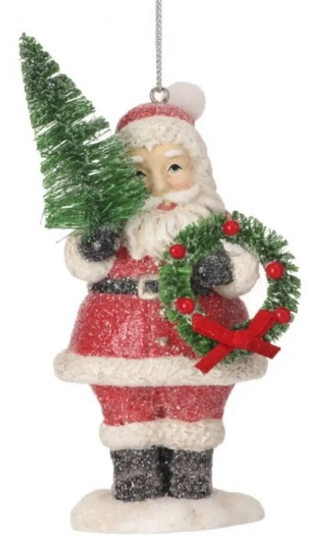 4.5" Frosted Santa Ornament With Tree & Wreath 2