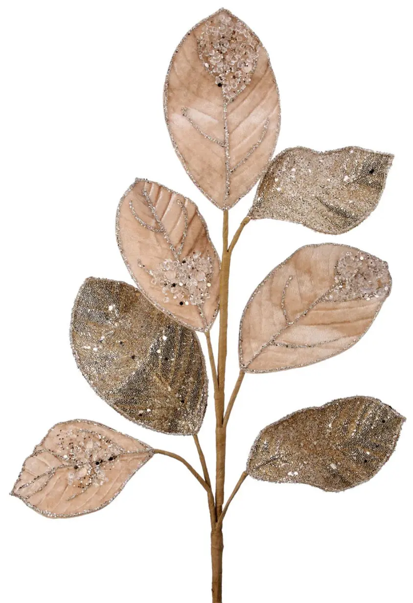 26" Glittered Champagne Velvet Salal Leaf Pick Spray 1