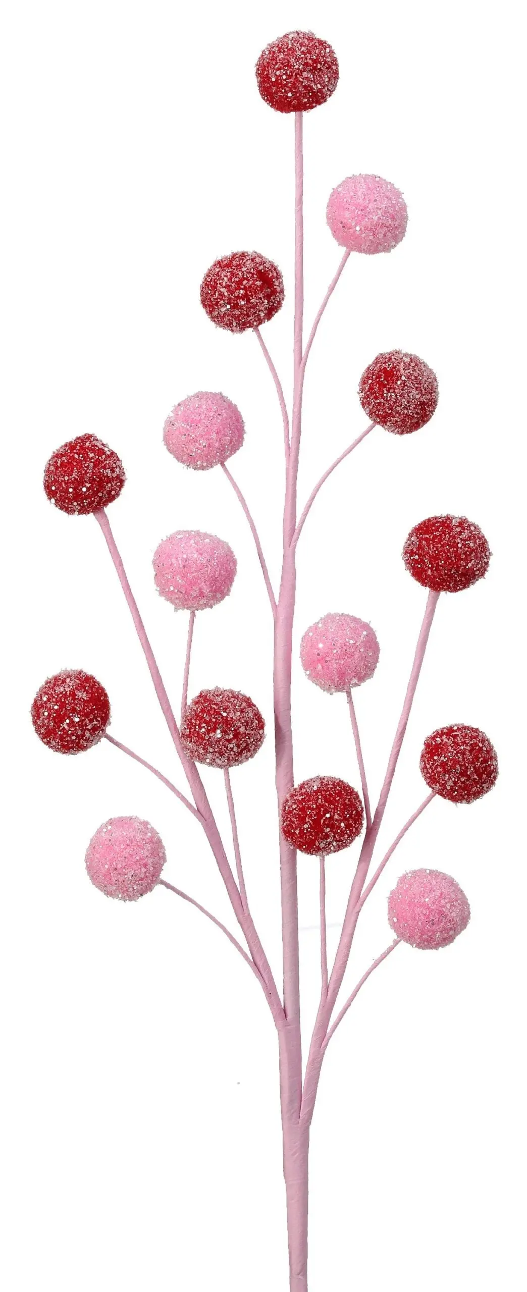 21" Pink & Red Snow Glitter Pompom Stem 1