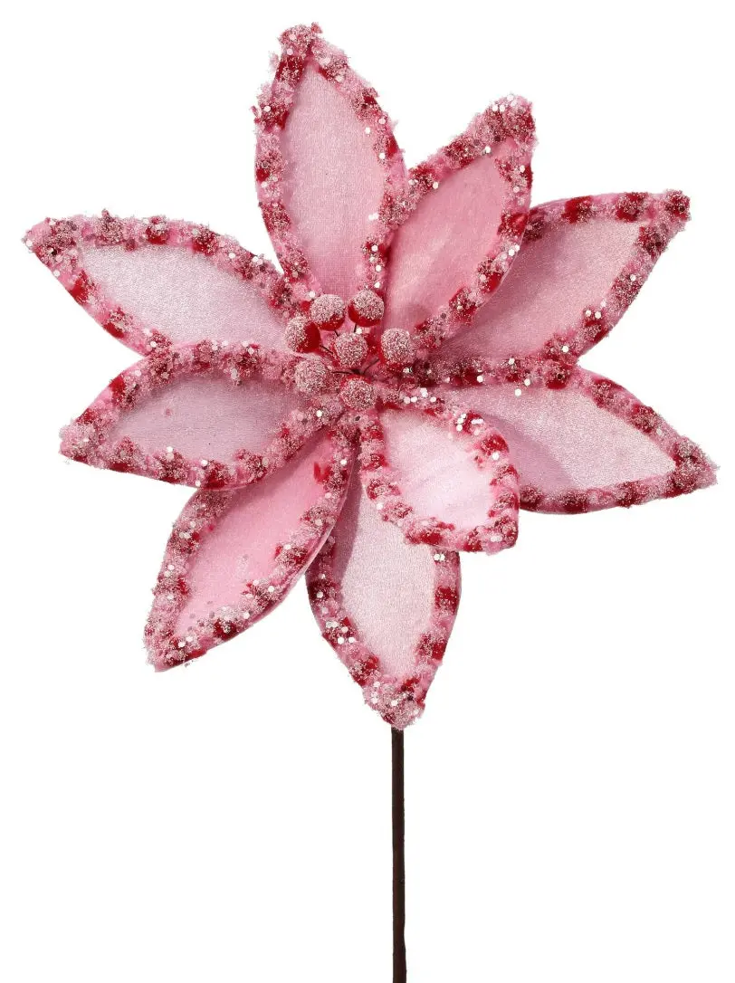 22" Pink & Red Snow Glitter Candy Poinsettia Stem 1
